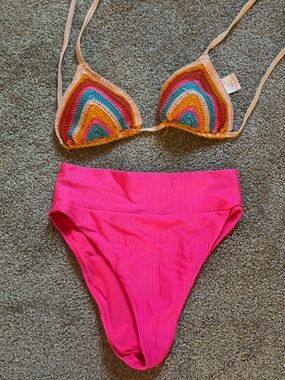 Bright Pink Bikini Bottom with Multicolor Crochet Triangle Top